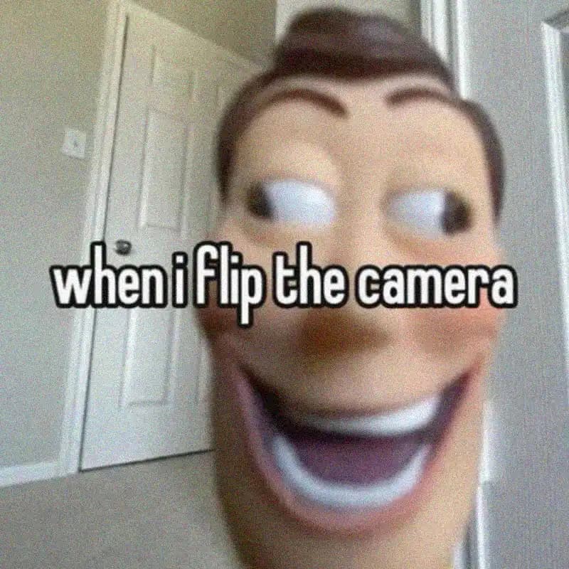 Meme with Sheriff Woody, with a funny face and slanted eyes, text: When I flip the camera.