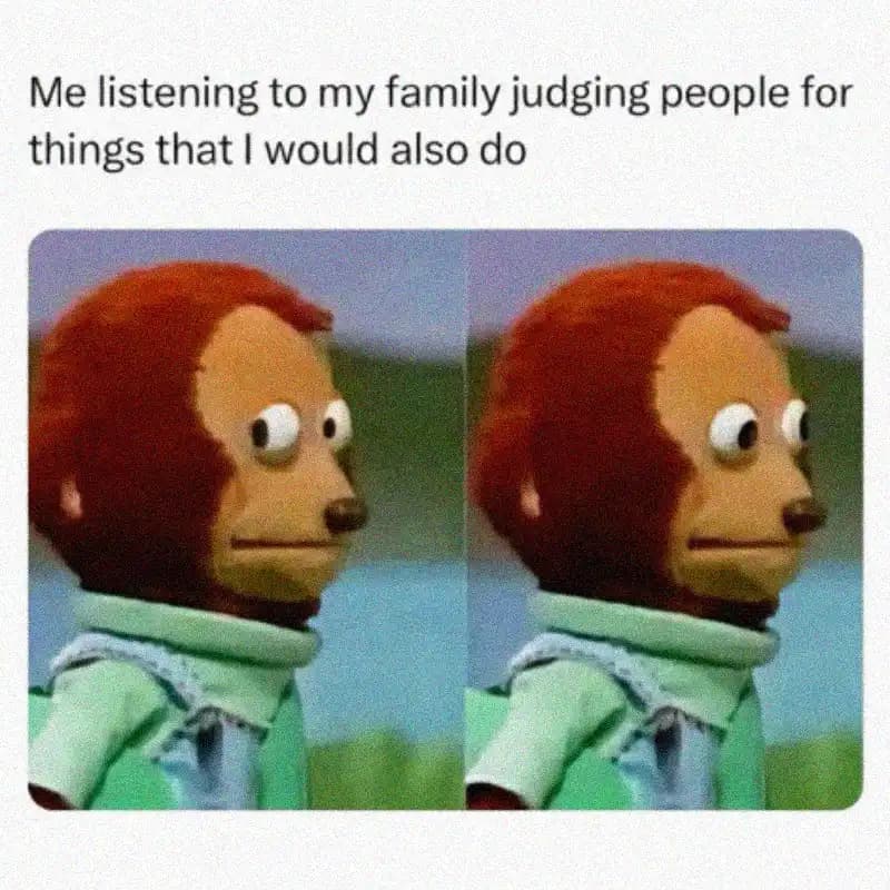 Meme of a toy monkey looking to the side, frame by frame, text: Me listening to my family judging people for things that I would also do.