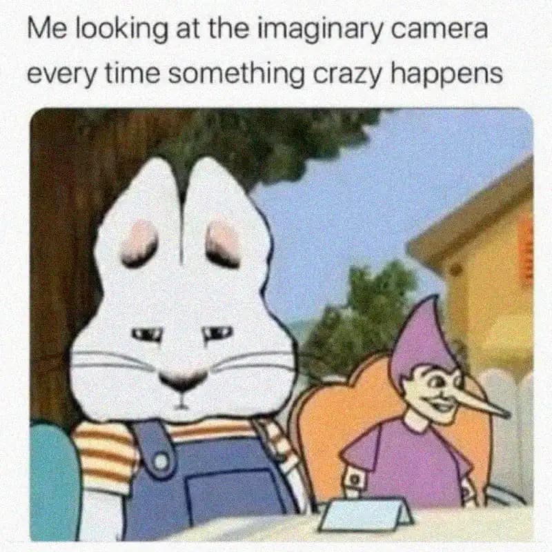 Meme of a white cartoon rabbit with a displeased face, text: Me looking at the imaginary camera every time something crazy happens.