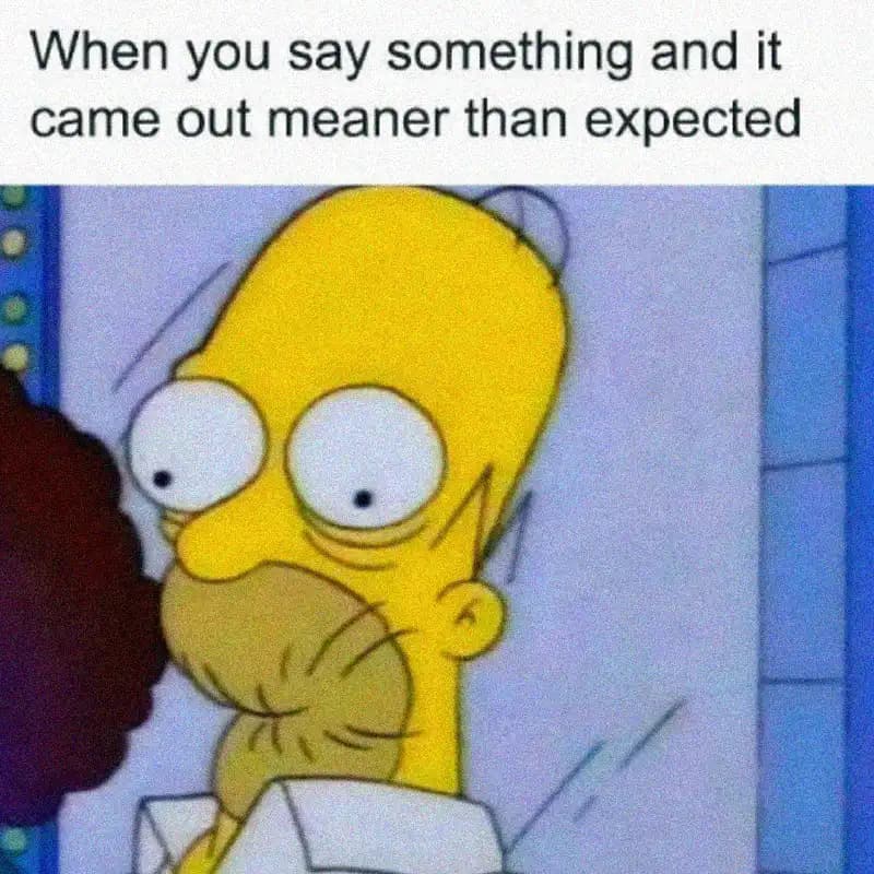 Homer Simpson meme with his mouth sucked in, text: When you say something and it came out meaner that expected.